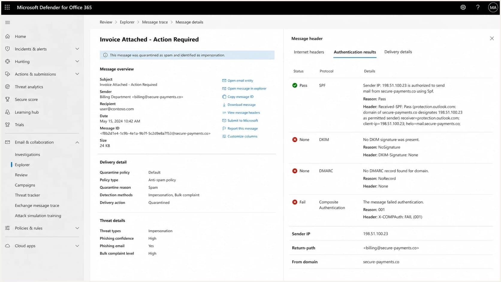 Microsoft Defender message details with SPF, DKIM, DMARC, compauth fail, and reason 001 results.