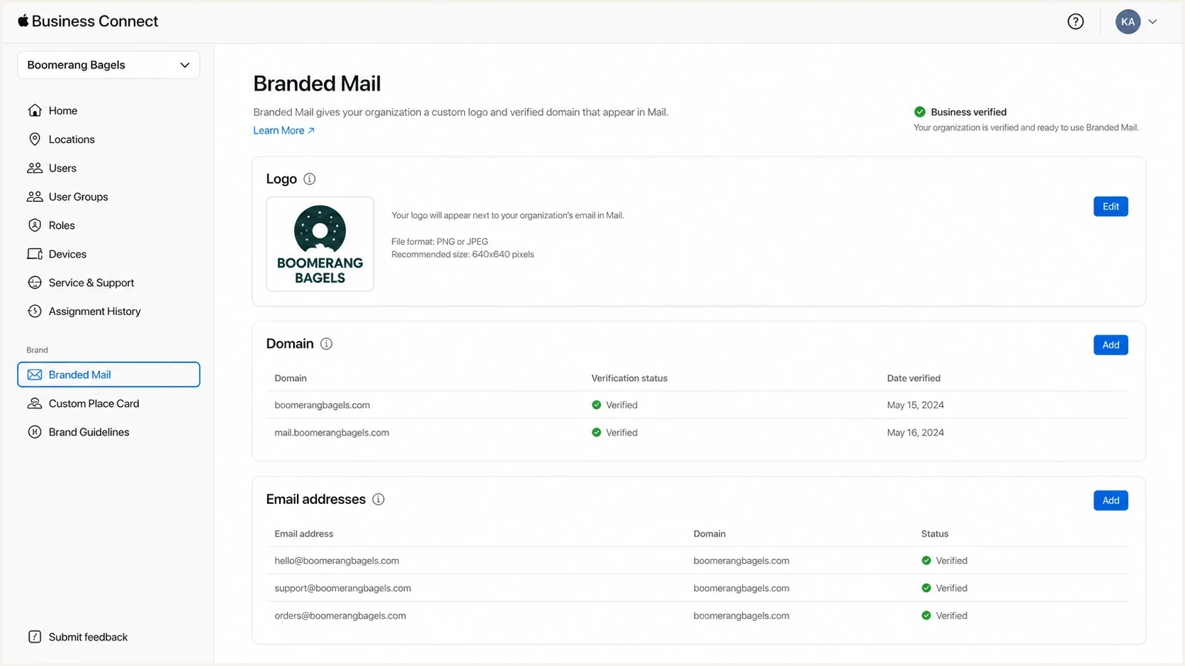 Apple Business Connect Branded Mail setup screen with verified domain and logo.
