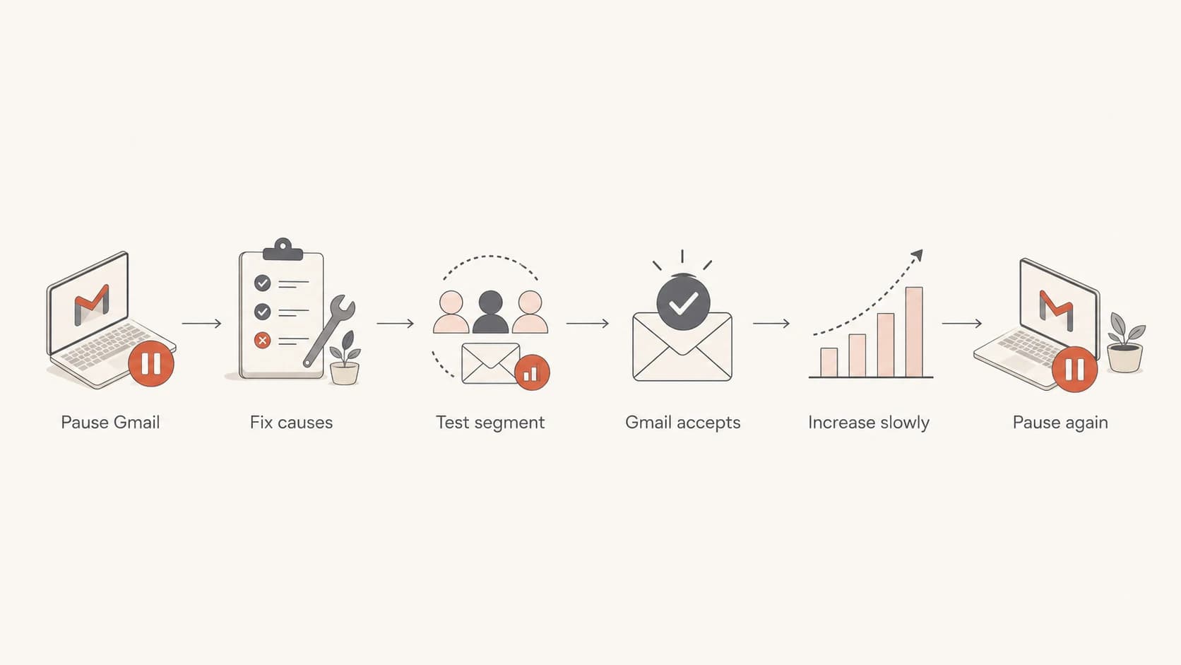 Flowchart showing when to pause, test, increase, or stop during Gmail rewarming.