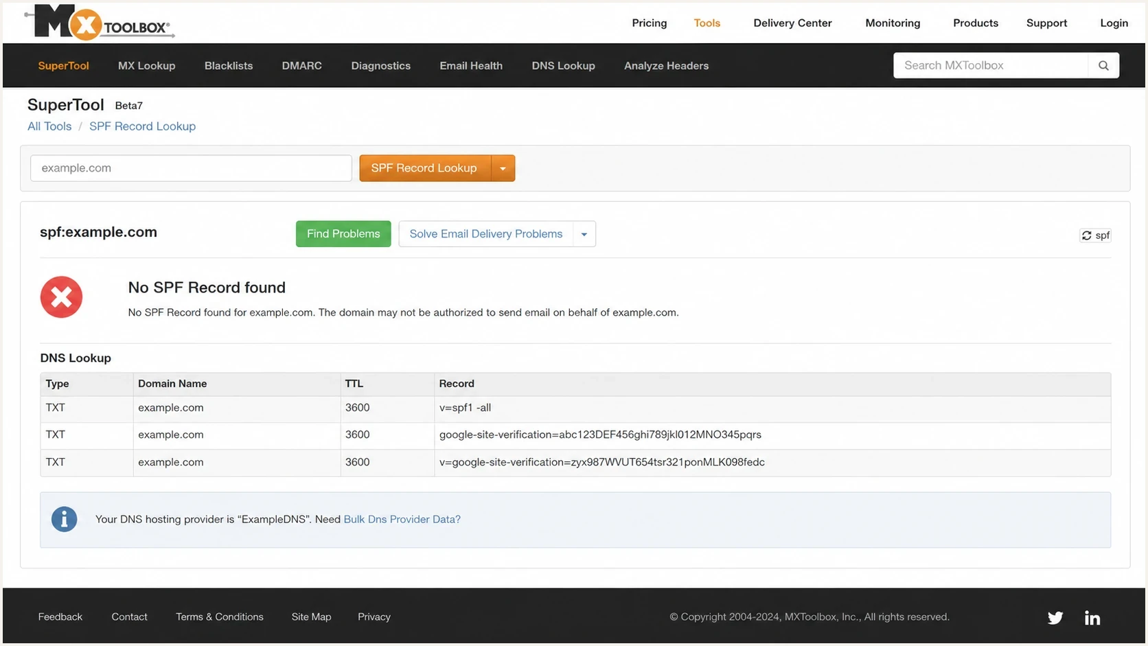 MXToolbox SPF lookup screen showing no SPF record found for a checked domain.