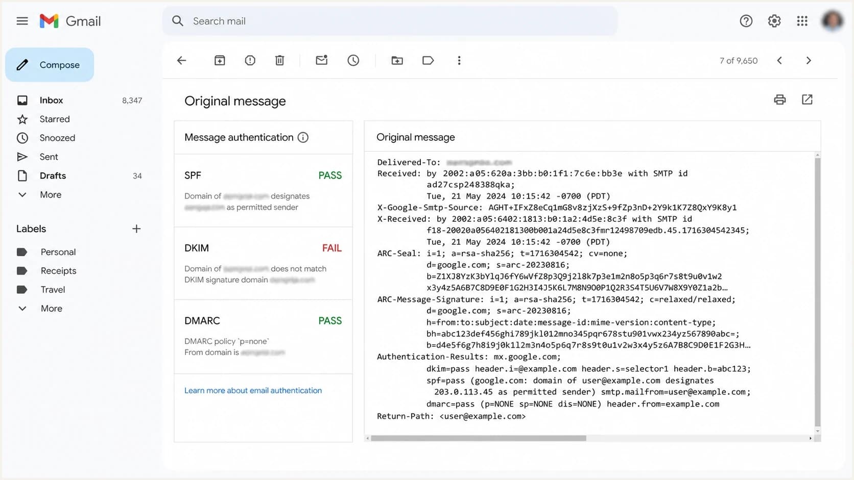 Gmail Show original view with a DKIM fail summary beside raw headers that pass.