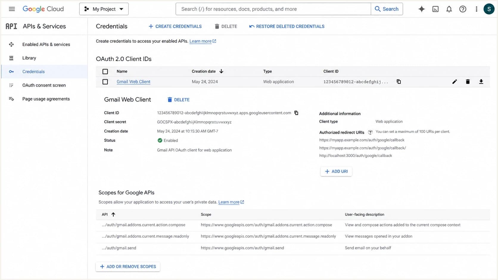 Google Cloud Console credentials screen for a Gmail API OAuth client.