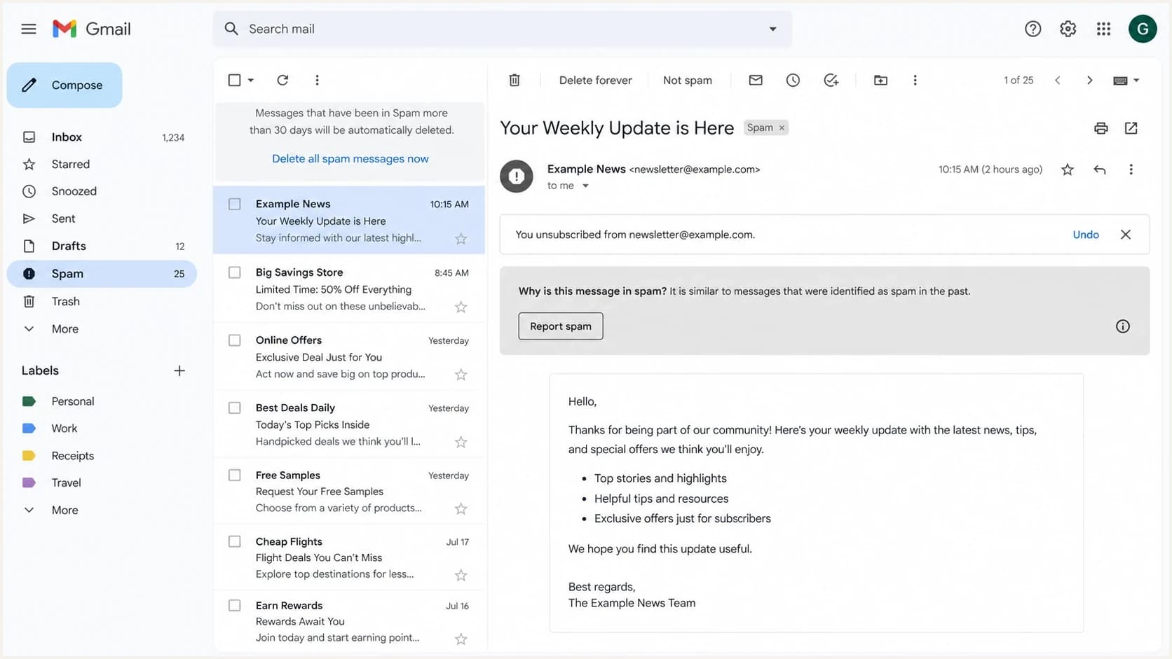 A Gmail message view showing an unsubscribe status banner near the top of the email.