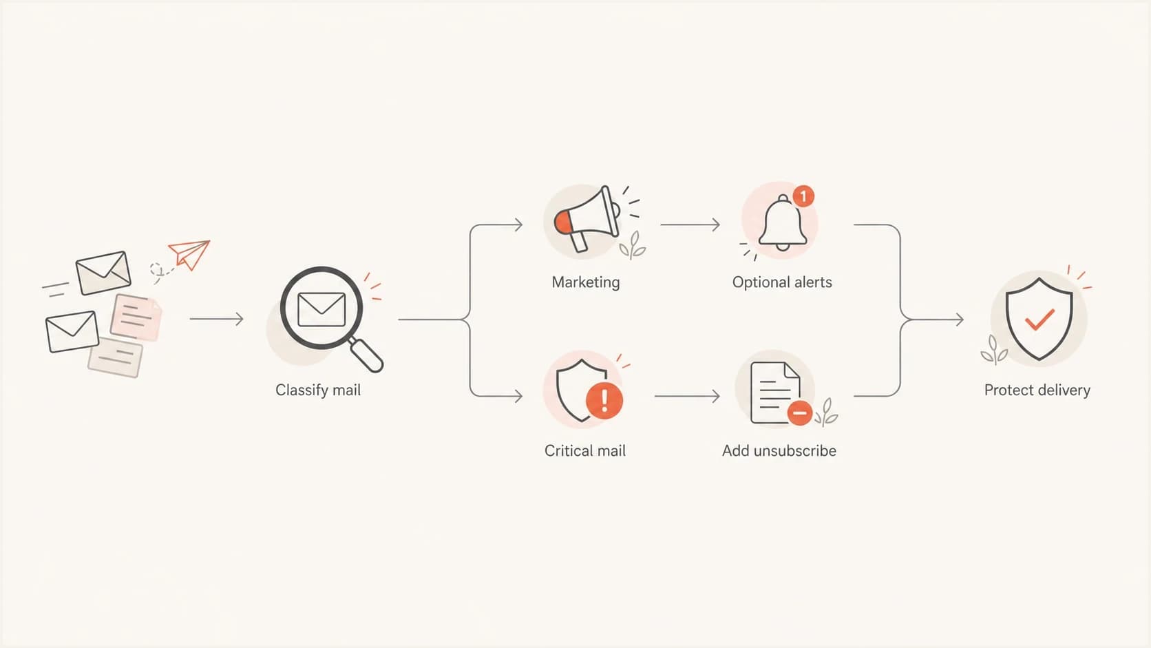 Flowchart showing mixed email streams routed to unsubscribe or protected delivery.