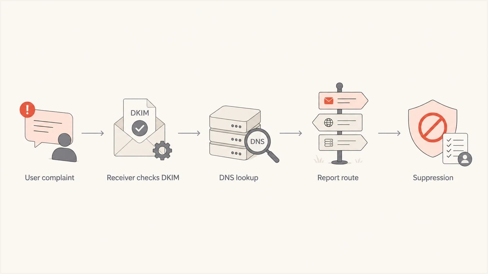 DKIM FBL flow: user complaint, DKIM check, DNS lookup, report route, suppression.