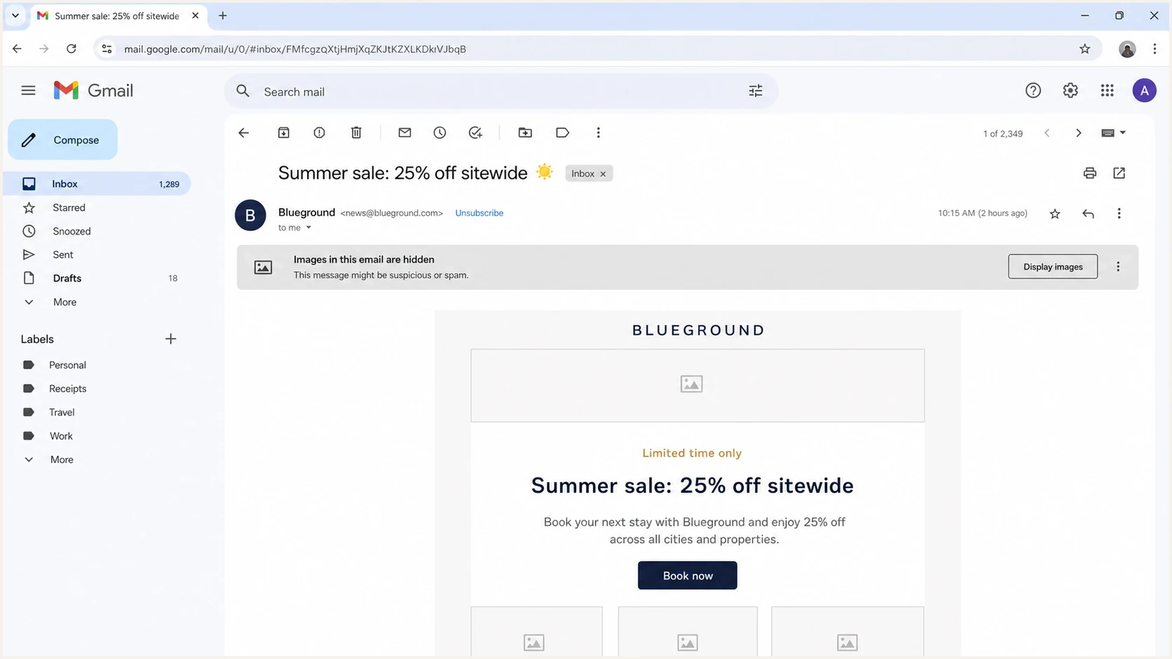 Gmail screenshot showing a marketing email with images hidden and a display images action.