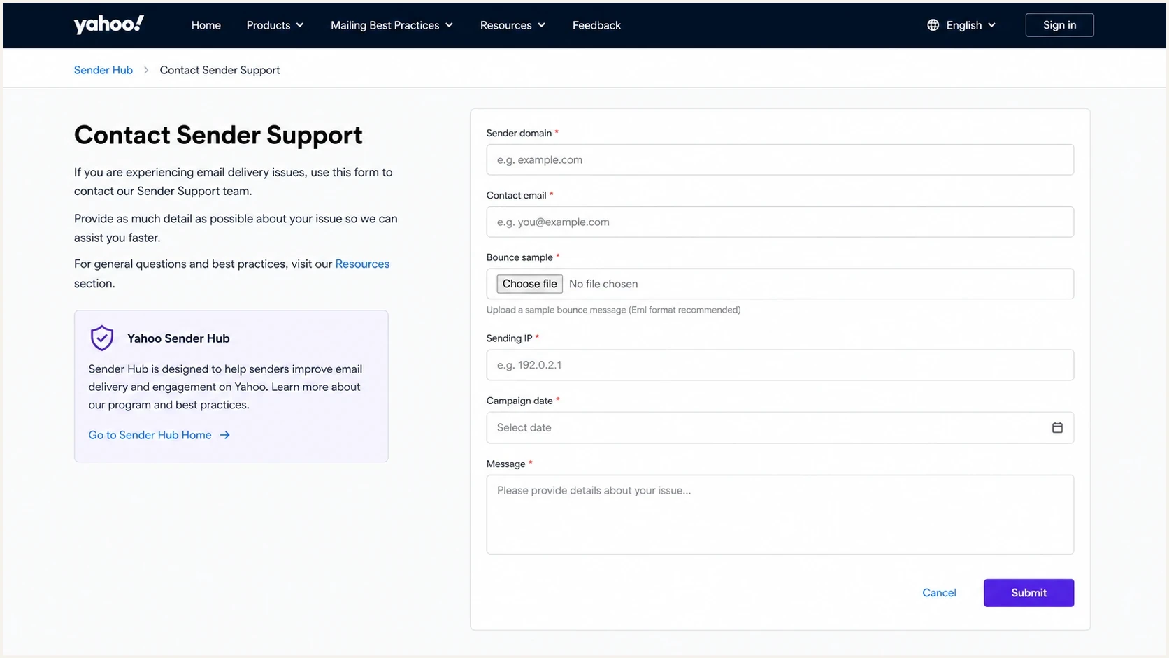 Yahoo Sender Hub contact form for sender support.