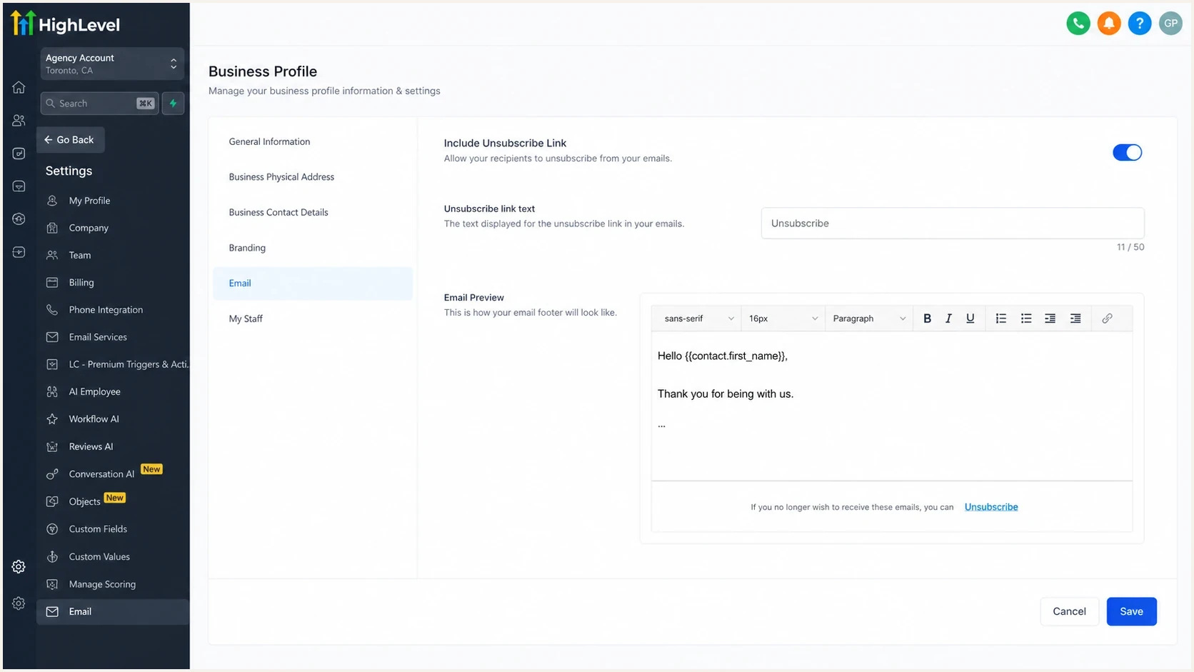 GoHighLevel unsubscribe settings screen for LC Email.