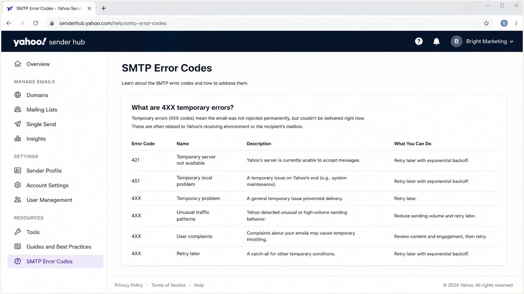 Yahoo Sender Hub SMTP Error Codes page showing 4XX temporary error guidance.