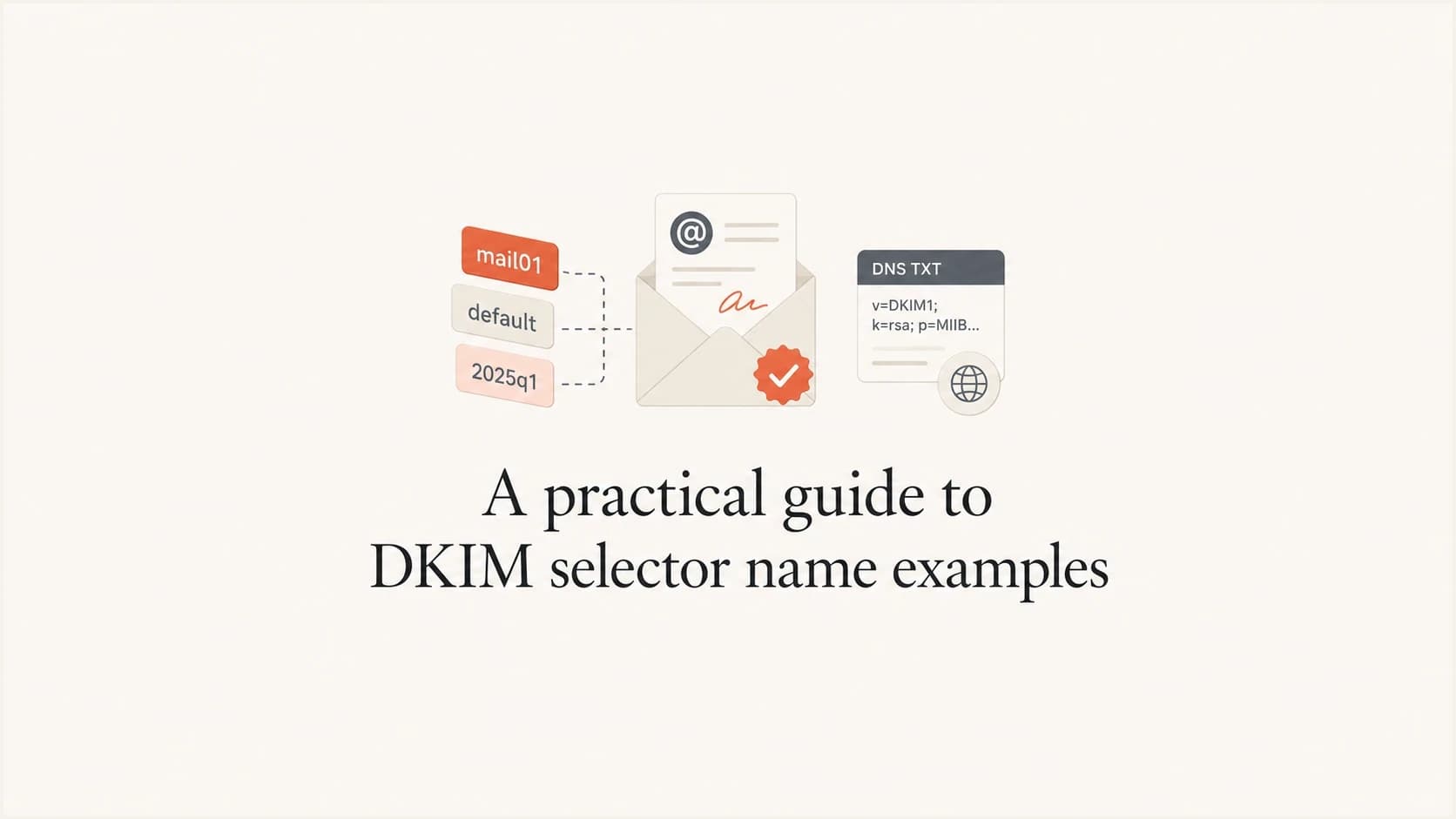 A DKIM selector guide thumbnail with DNS and signed email objects.