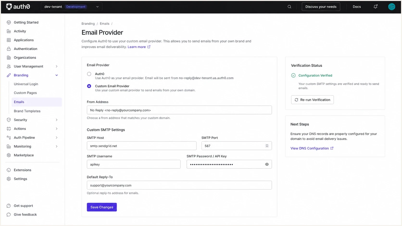 Auth0 dashboard email provider settings screen for configuring a production sender.