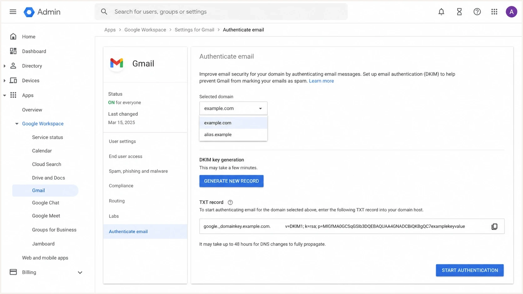 Google Admin console DKIM screen with a selected domain menu.