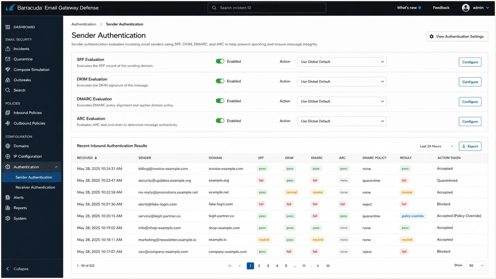 A Barracuda Email Gateway Defense sender authentication settings screen.