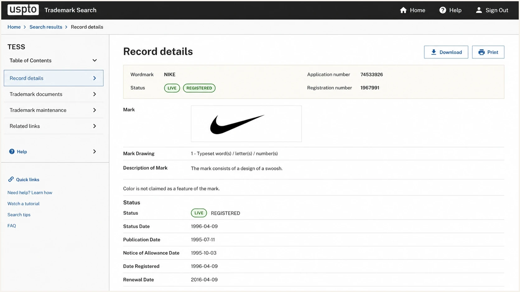 USPTO Trademark Search record showing a mark description and color claim field.