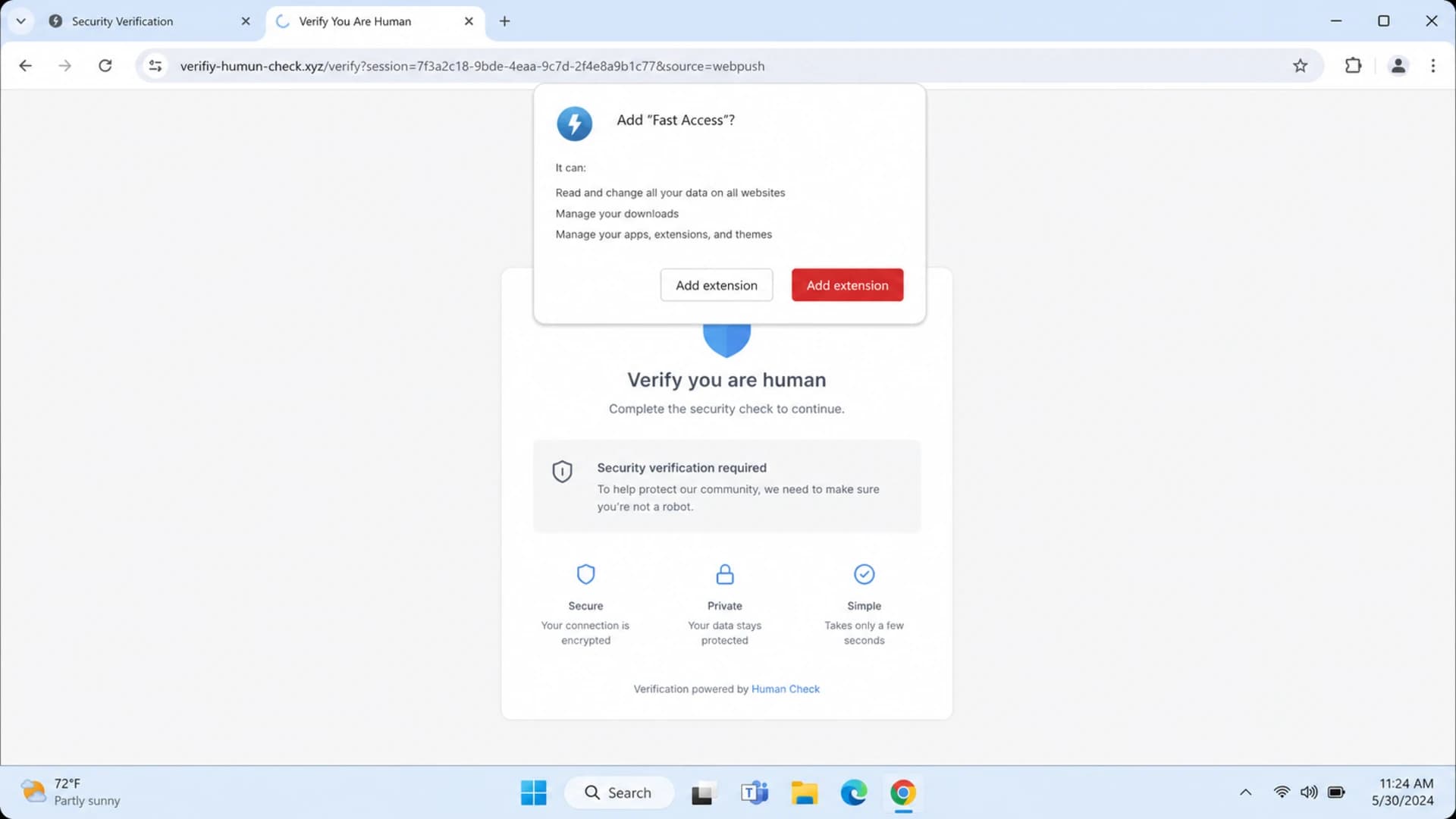 Google Chrome showing a suspicious redirect and extension install prompt.