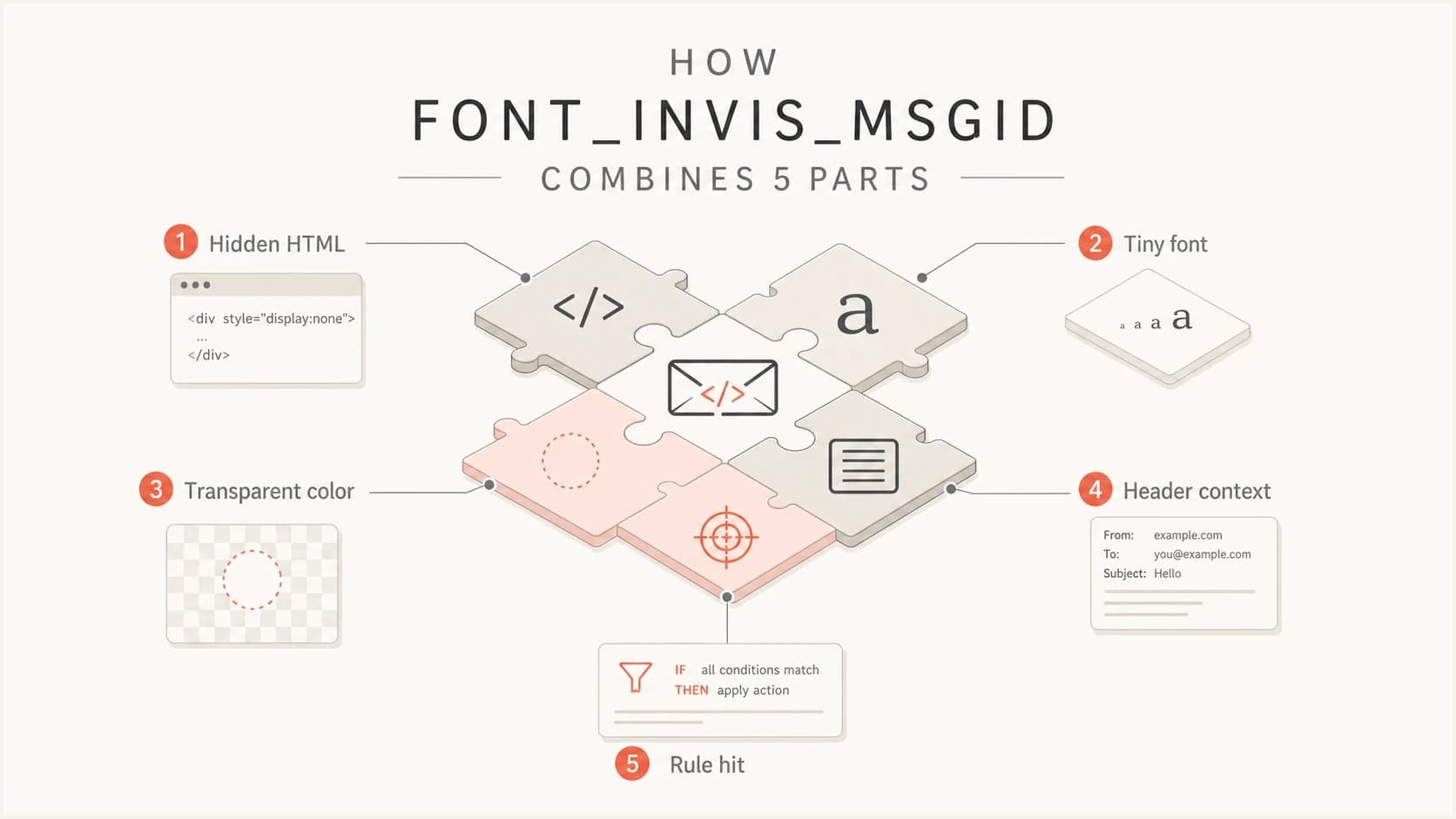 Infographic showing hidden HTML plus Message-ID context causing a rule hit.
