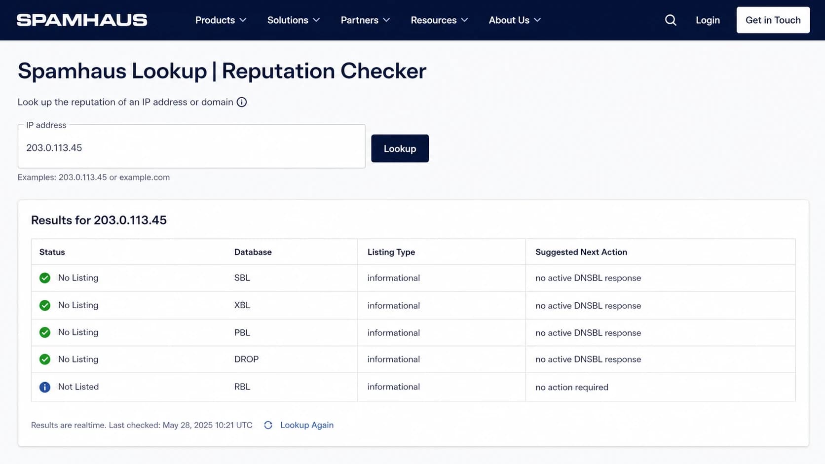 Spamhaus Lookup screen showing an IP address search and listing result details.