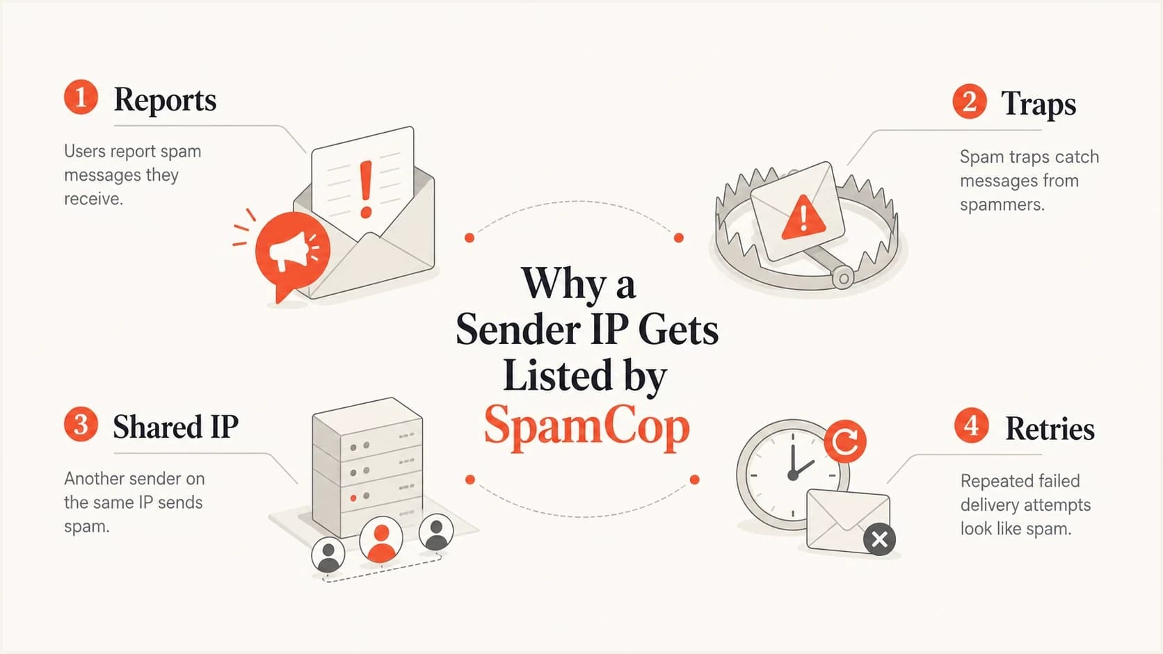 Four causes of SpamCop IP listings: reports, traps, shared IPs, and retries.