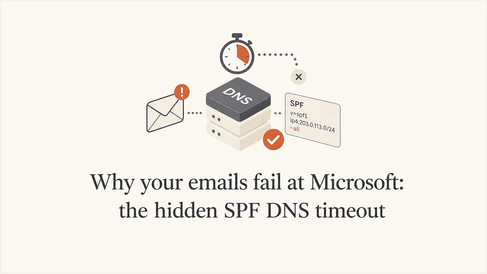Editorial thumbnail about Microsoft SPF DNS timeout failures.