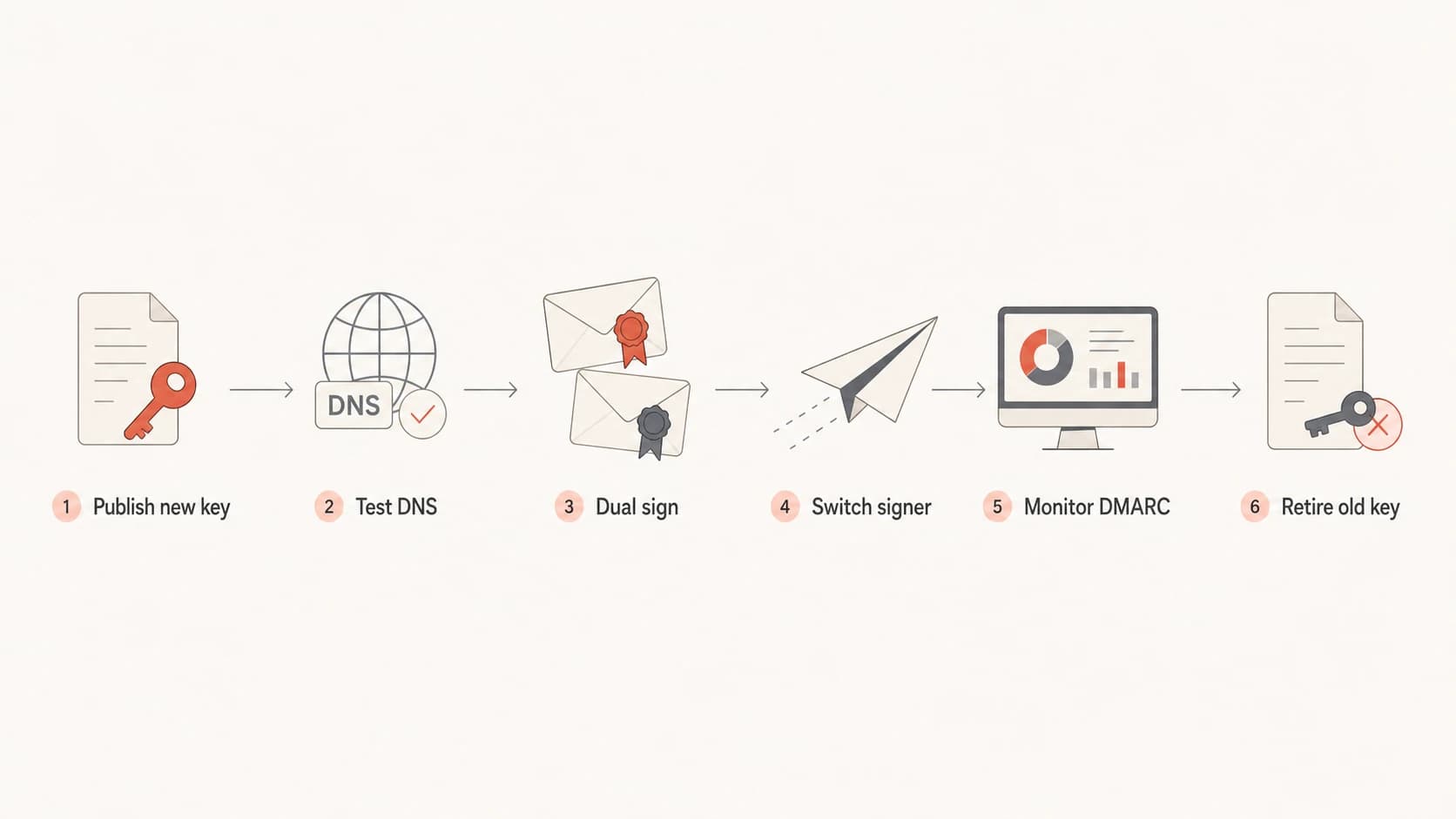 DKIM selector cutover flow from publishing a new key to retiring the old key.