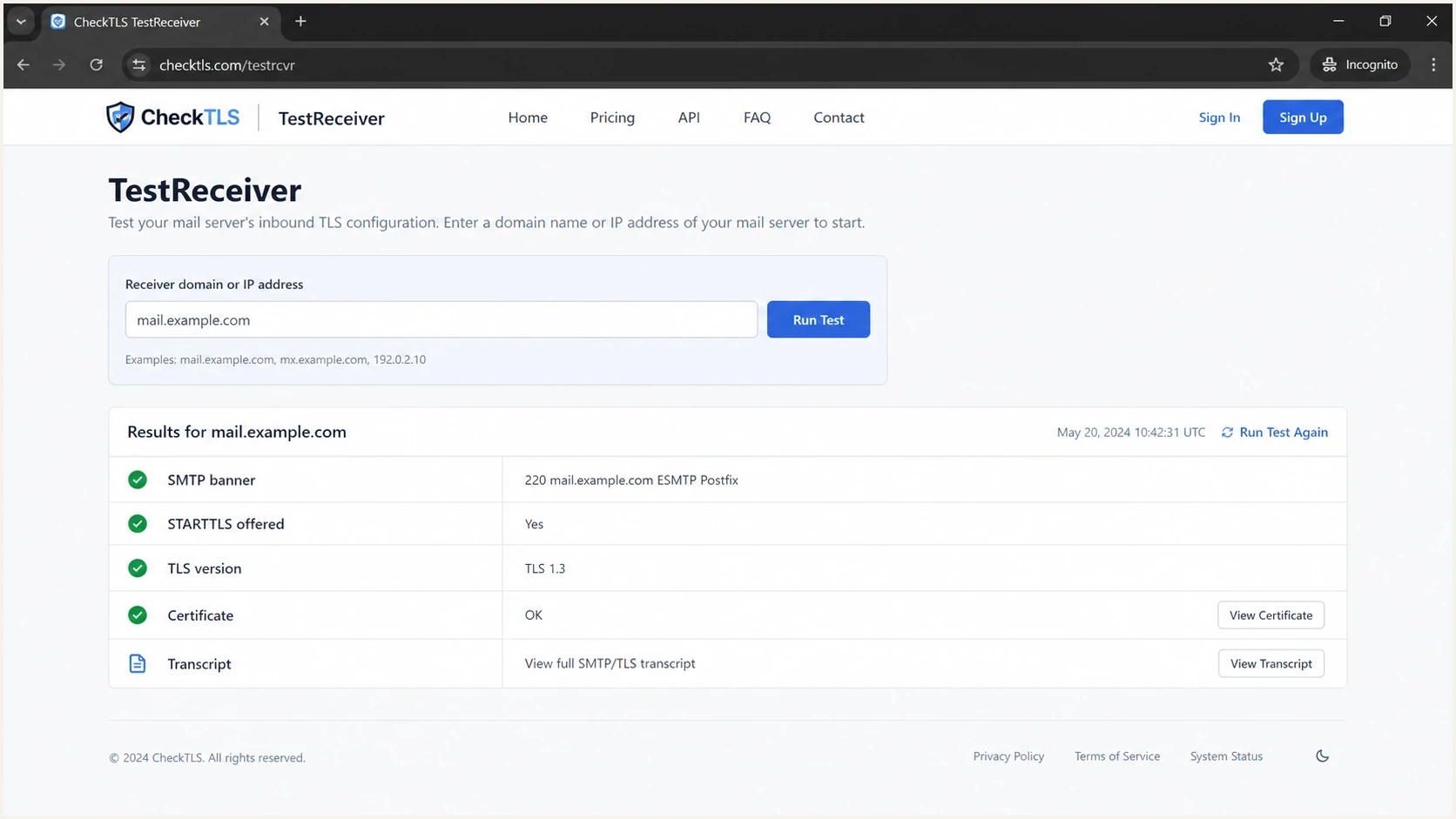 CheckTLS TestReceiver screen showing STARTTLS and certificate checks for an inbound mail server.