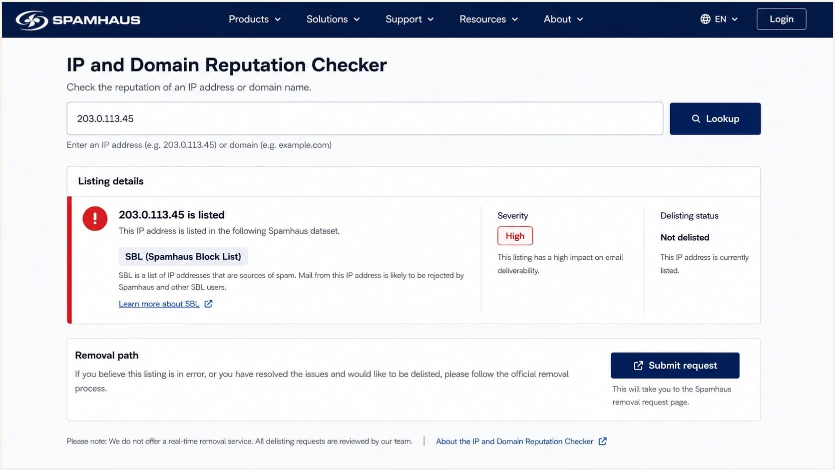 Spamhaus Reputation Checker screen showing listing details and a removal path.