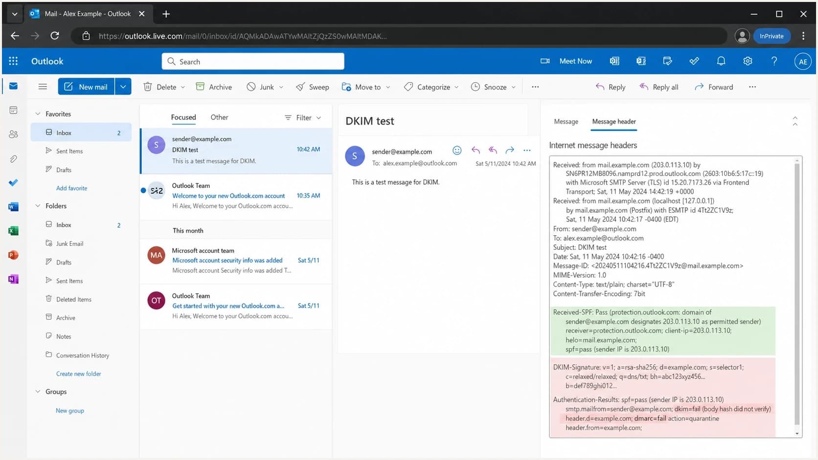 Outlook.com message details showing a DKIM body hash failure.
