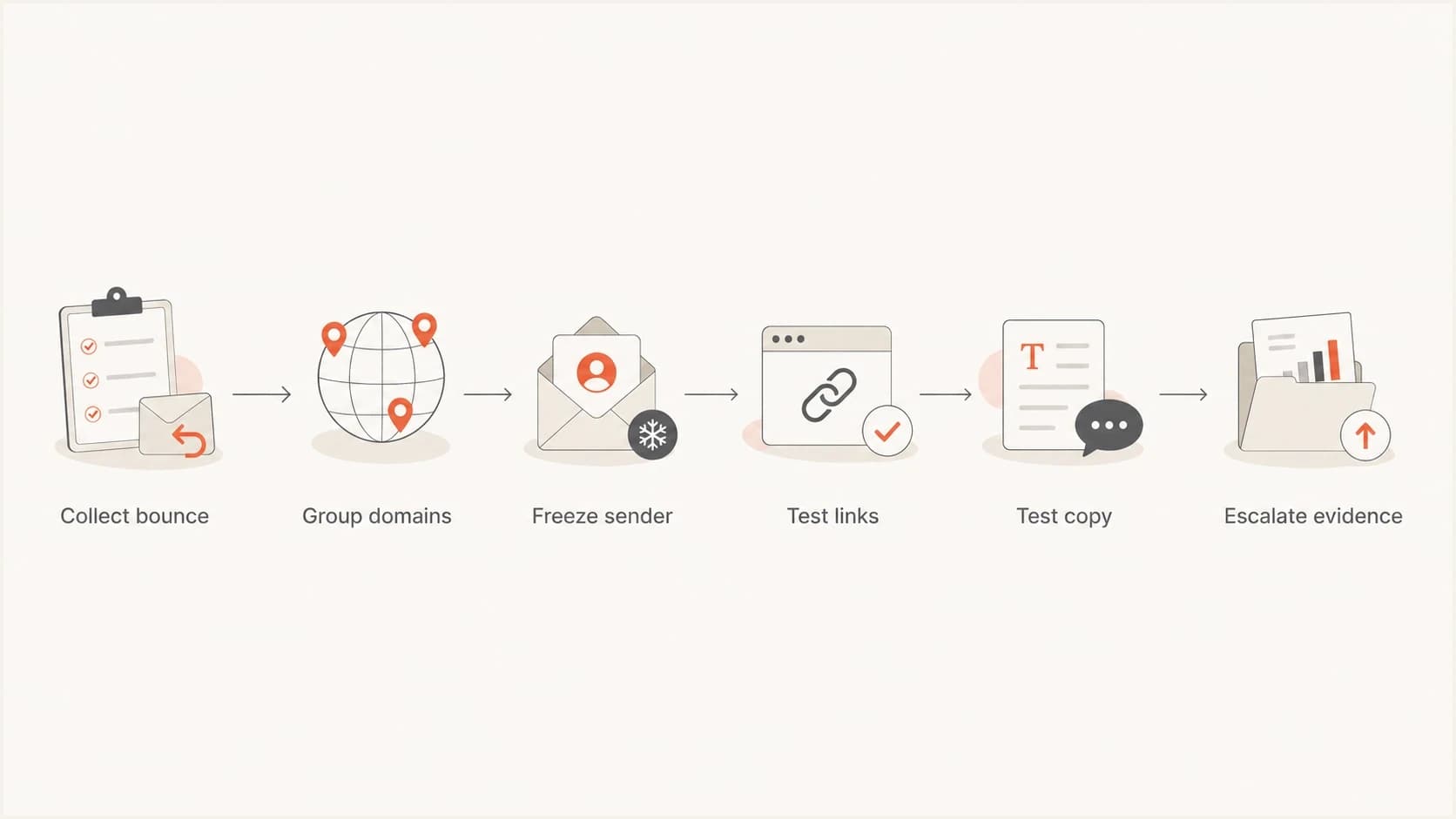 Flowchart showing how to collect evidence, group domains, test content, and escalate.