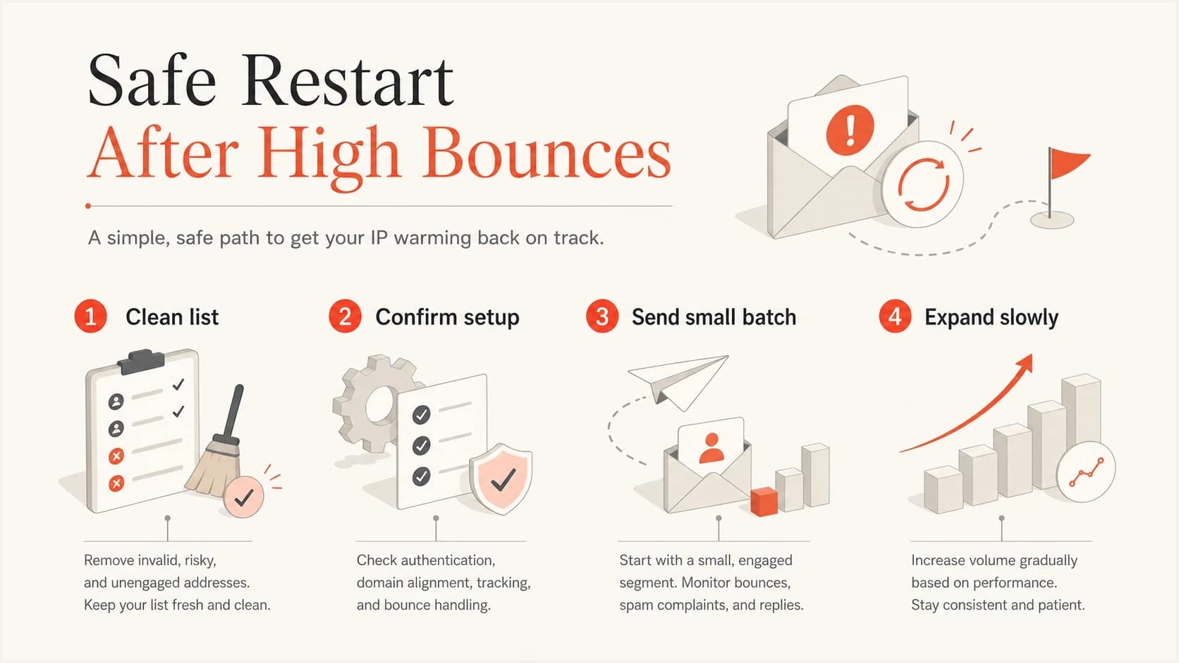 Infographic showing a safe restart sequence after high bounces during IP warming.