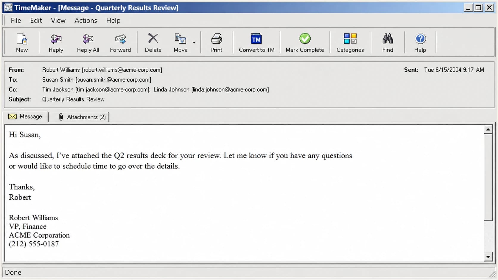 A TimeMaker-style legacy email window with a toolbar and message preview.