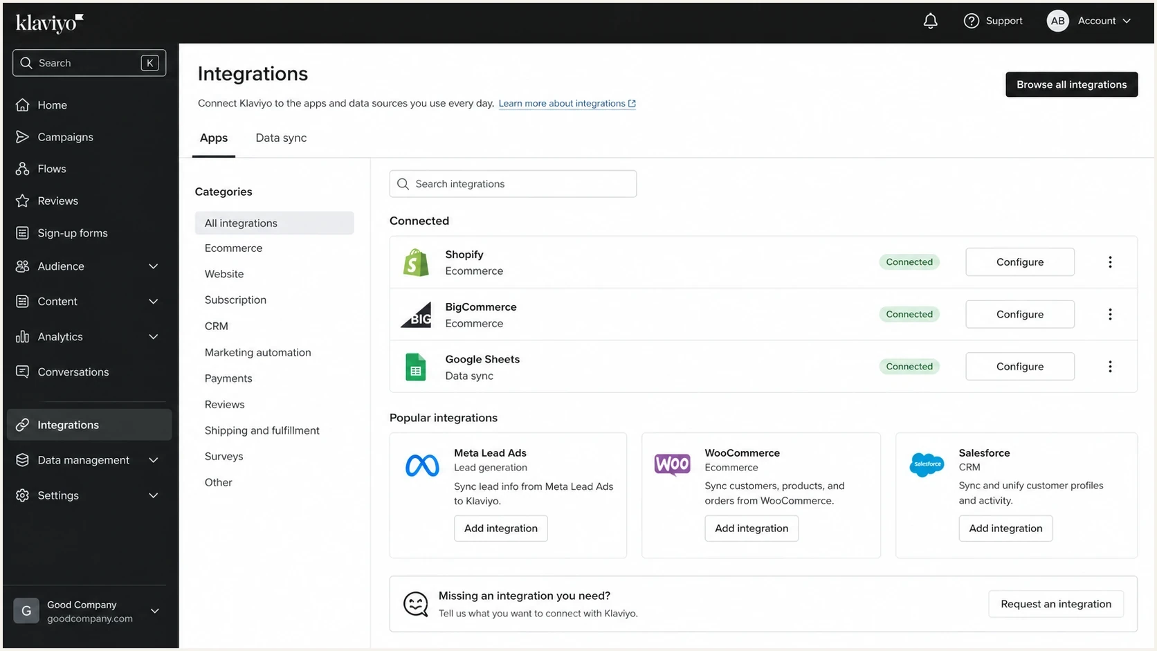 Klaviyo integrations screen showing app and data connections rather than SMTP settings.