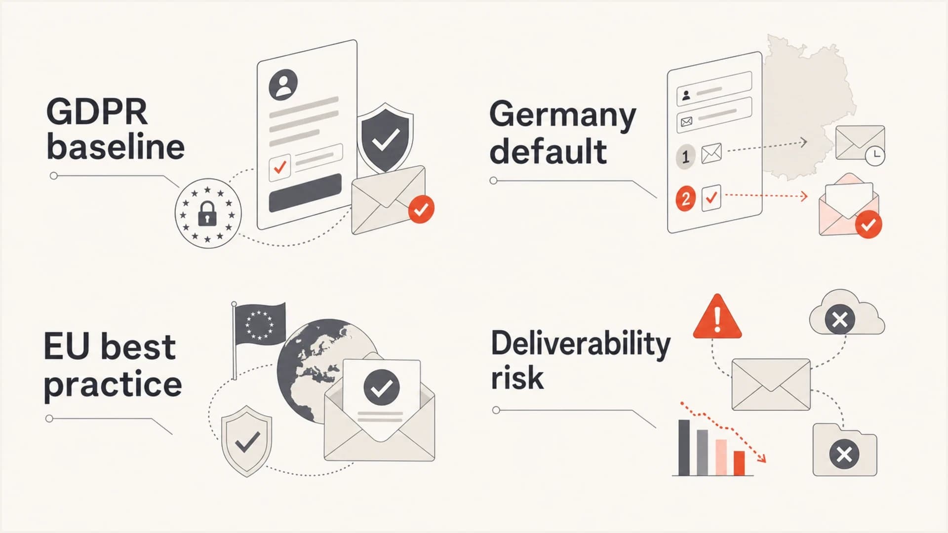 Infographic showing country risk for double opt-in email marketing under GDPR and deliverability best practices.
