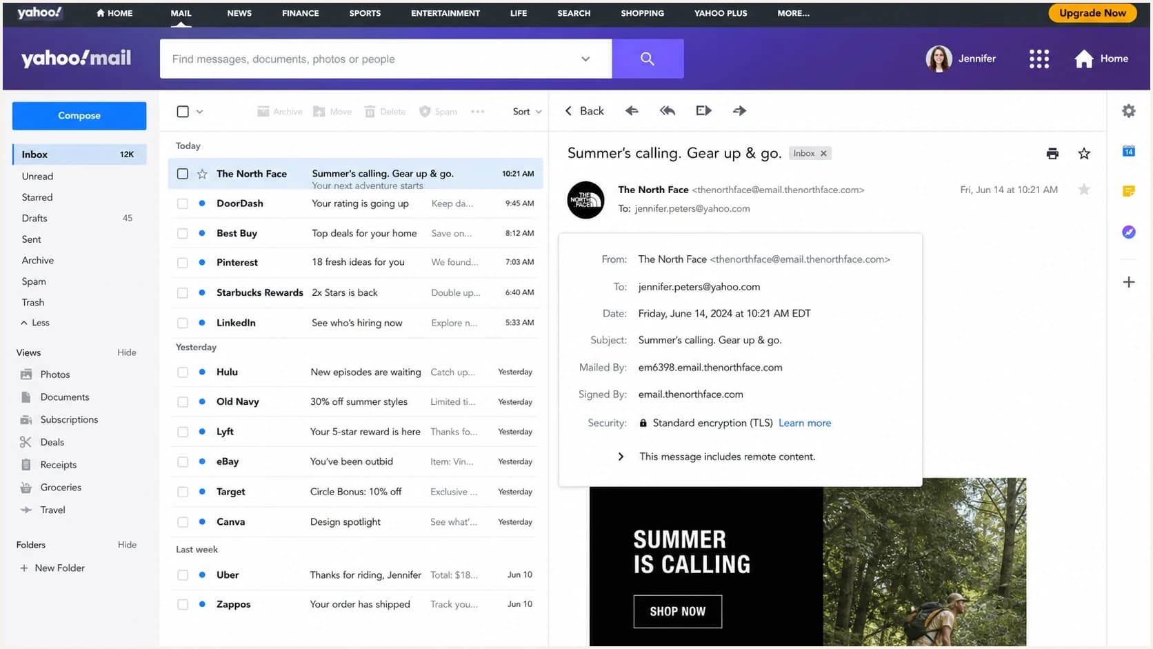 Yahoo Mail inbox with timestamps and message header timing for delayed delivery checks.