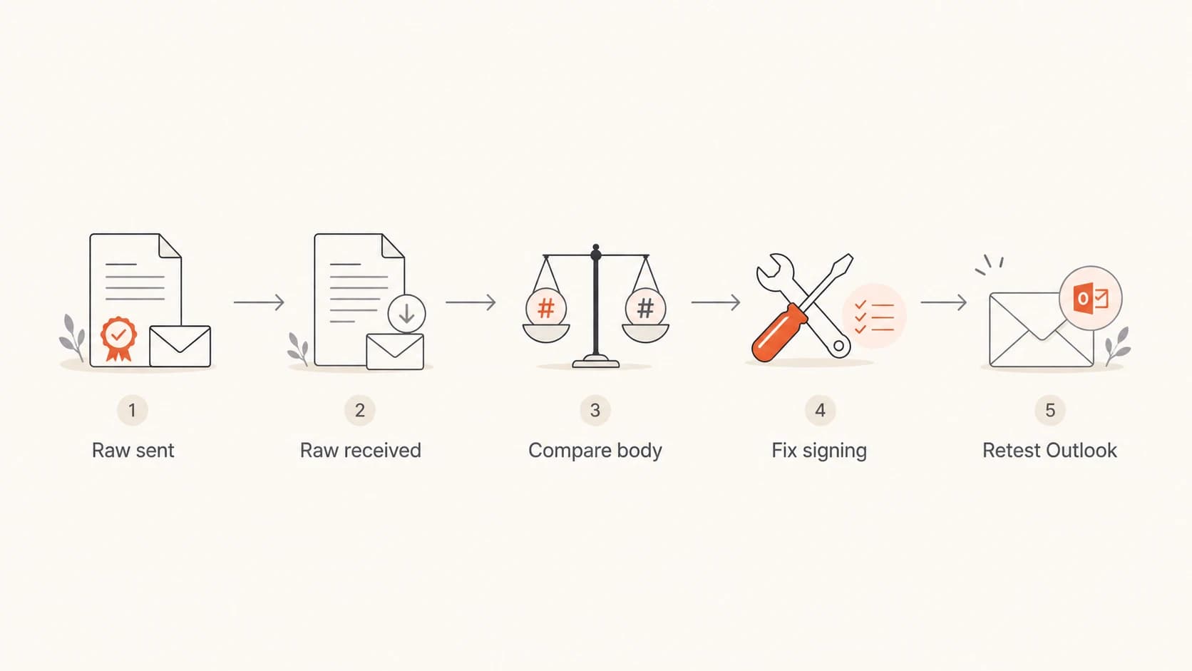 A five-step flow from raw message capture to Outlook.com retesting.