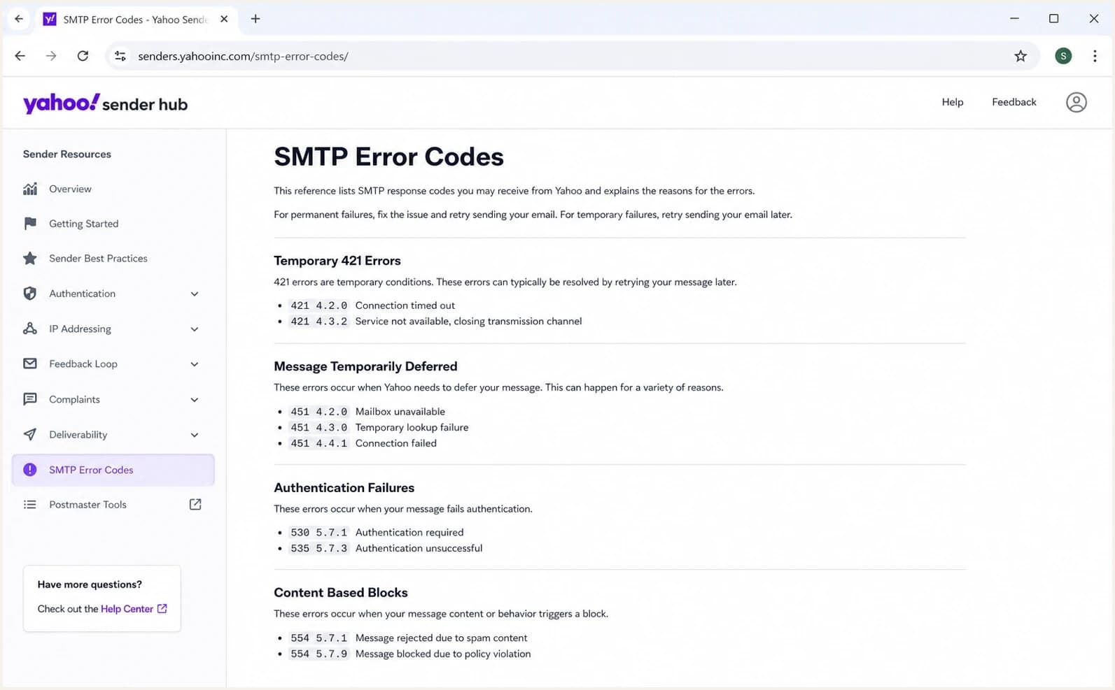 Yahoo Sender Hub SMTP error codes page.