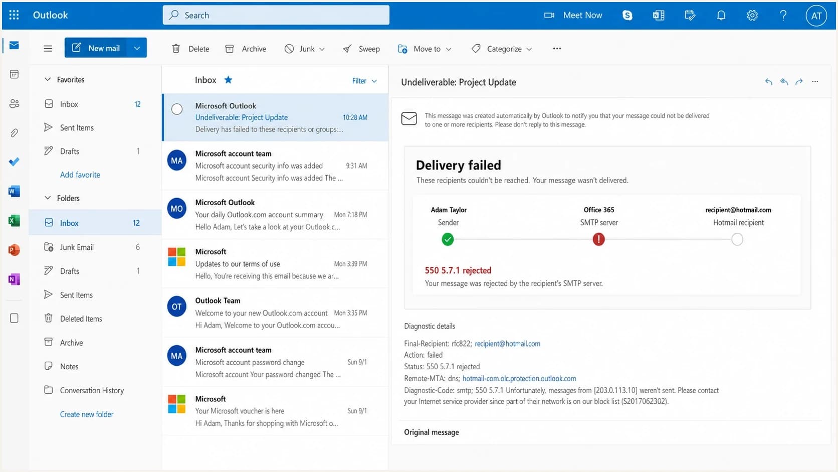 Microsoft Outlook.com showing a selected delivery failure message.