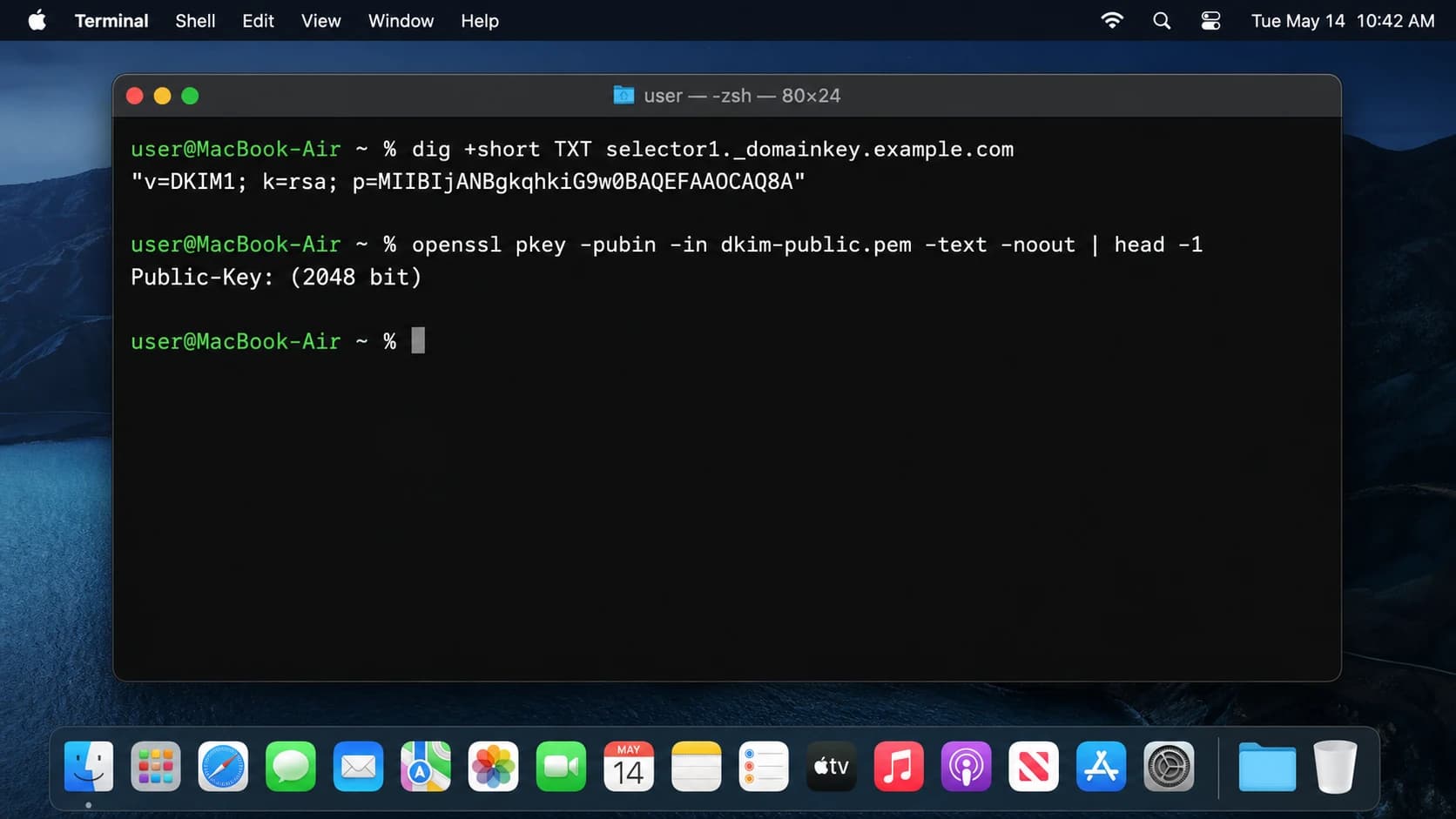 Apple Terminal showing OpenSSL output for a 2048-bit DKIM public key.