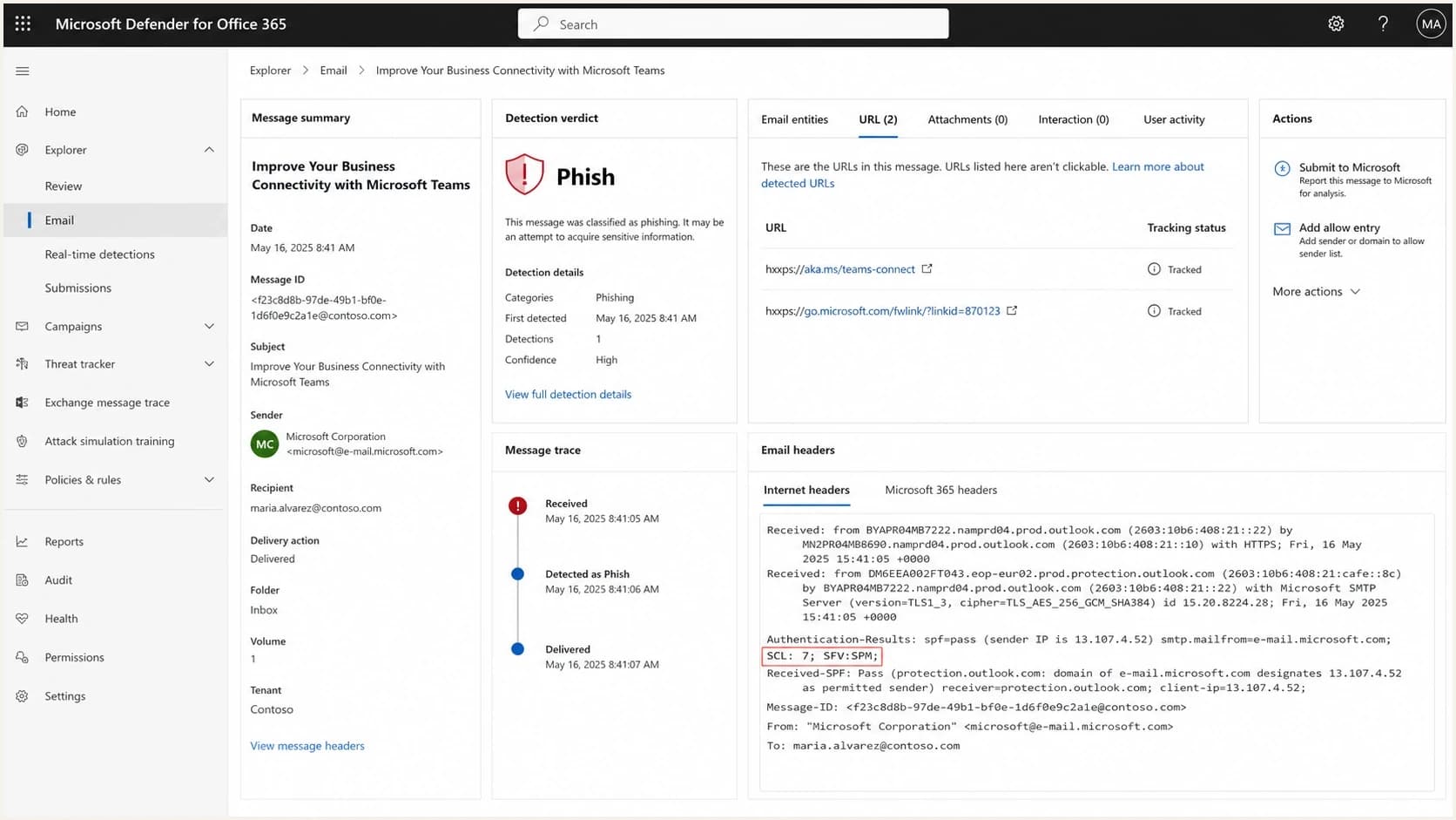 Microsoft Defender for Office 365 view showing a phishing false positive investigation.