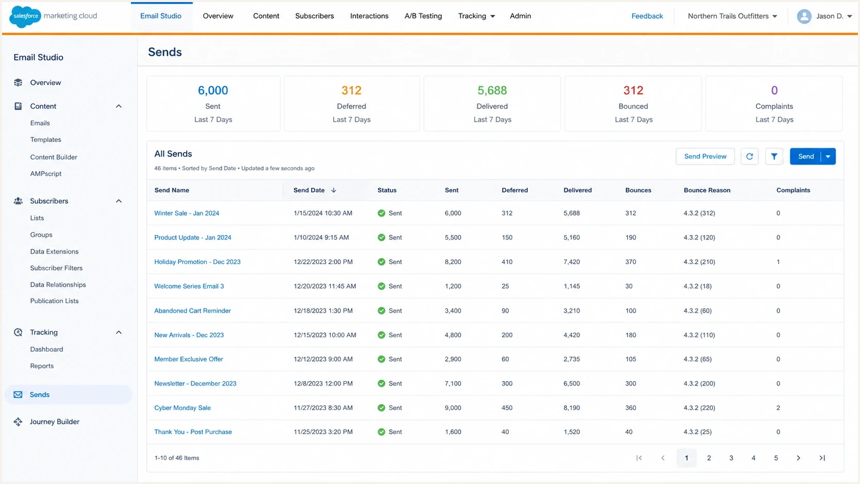 Salesforce Marketing Cloud style send tracking screen with bounce diagnostics.