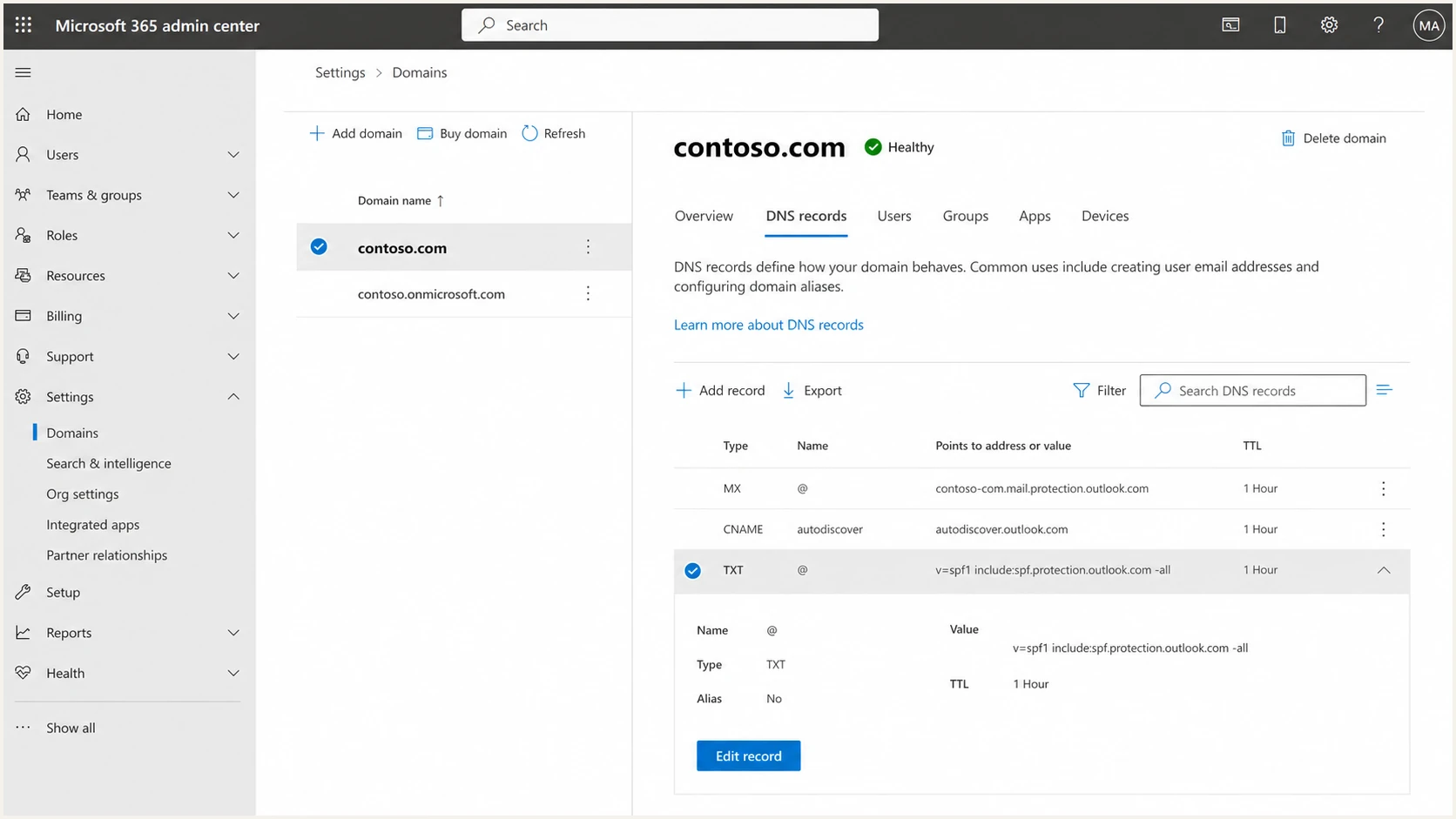 Microsoft 365 admin center domain DNS records screen.