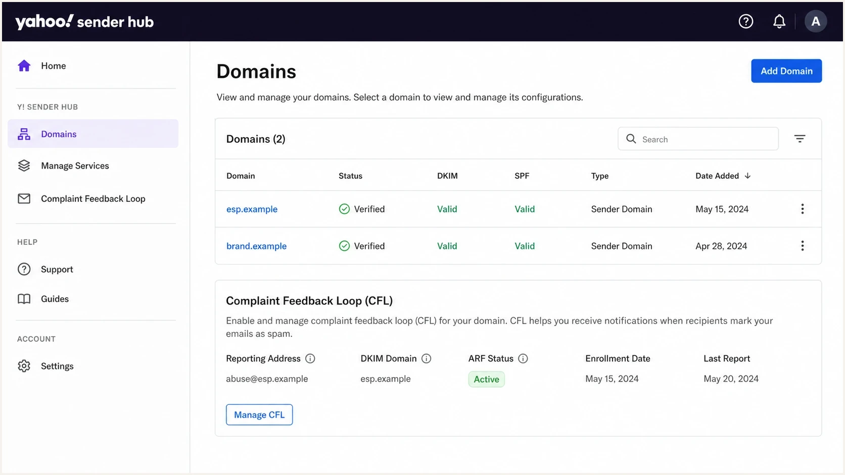 Yahoo Sender Hub screen showing verified DKIM domains and CFL enrollment status.