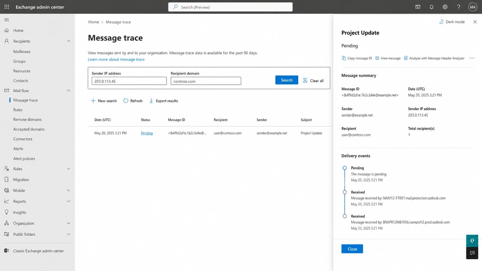 Microsoft 365 admin center message trace detail screen