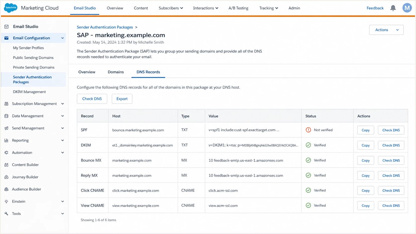 Salesforce Marketing Cloud SPF DNS record screen.