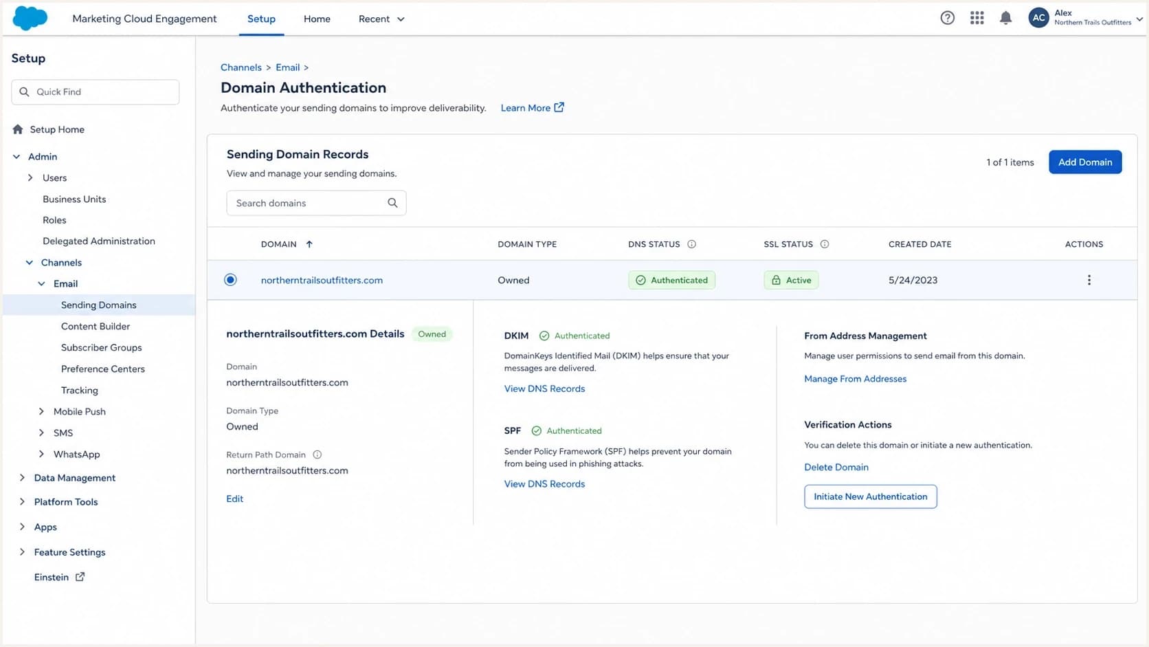 Salesforce Marketing Cloud domain authentication settings screen.