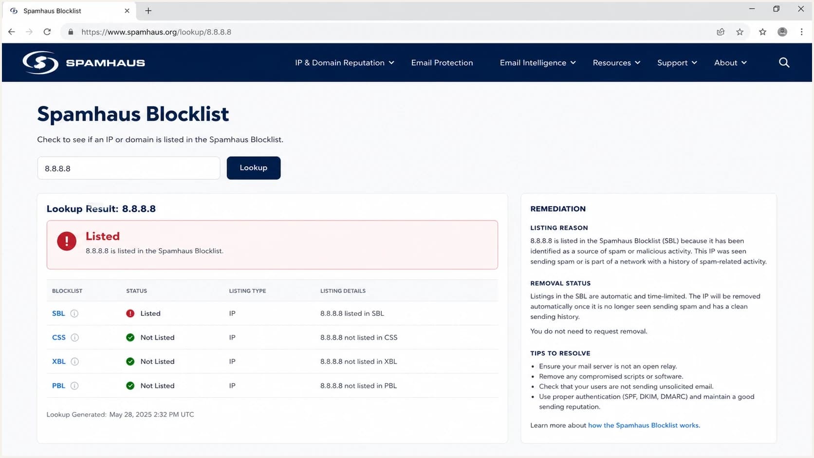 A Spamhaus Blocklist page showing a listed IP and remediation status.