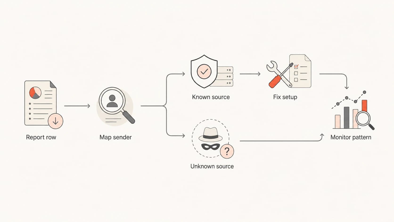 Flowchart showing DMARC report triage from report row to sender mapping, fixes, and monitoring.