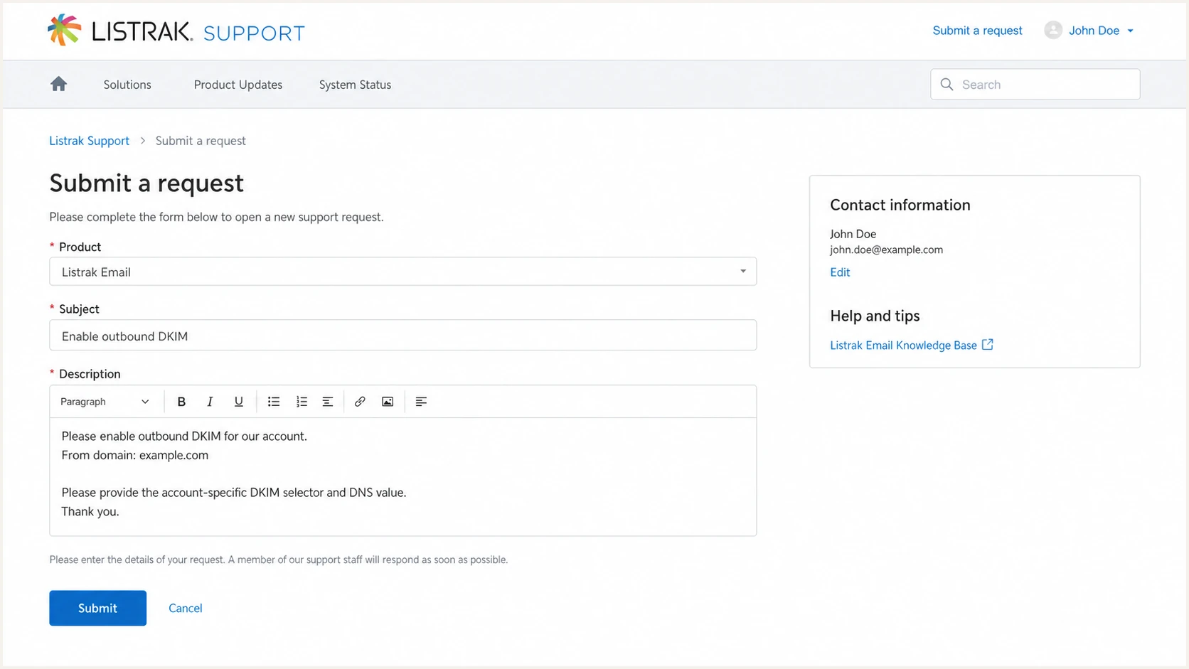 Listrak Support request to enable DKIM for a From domain