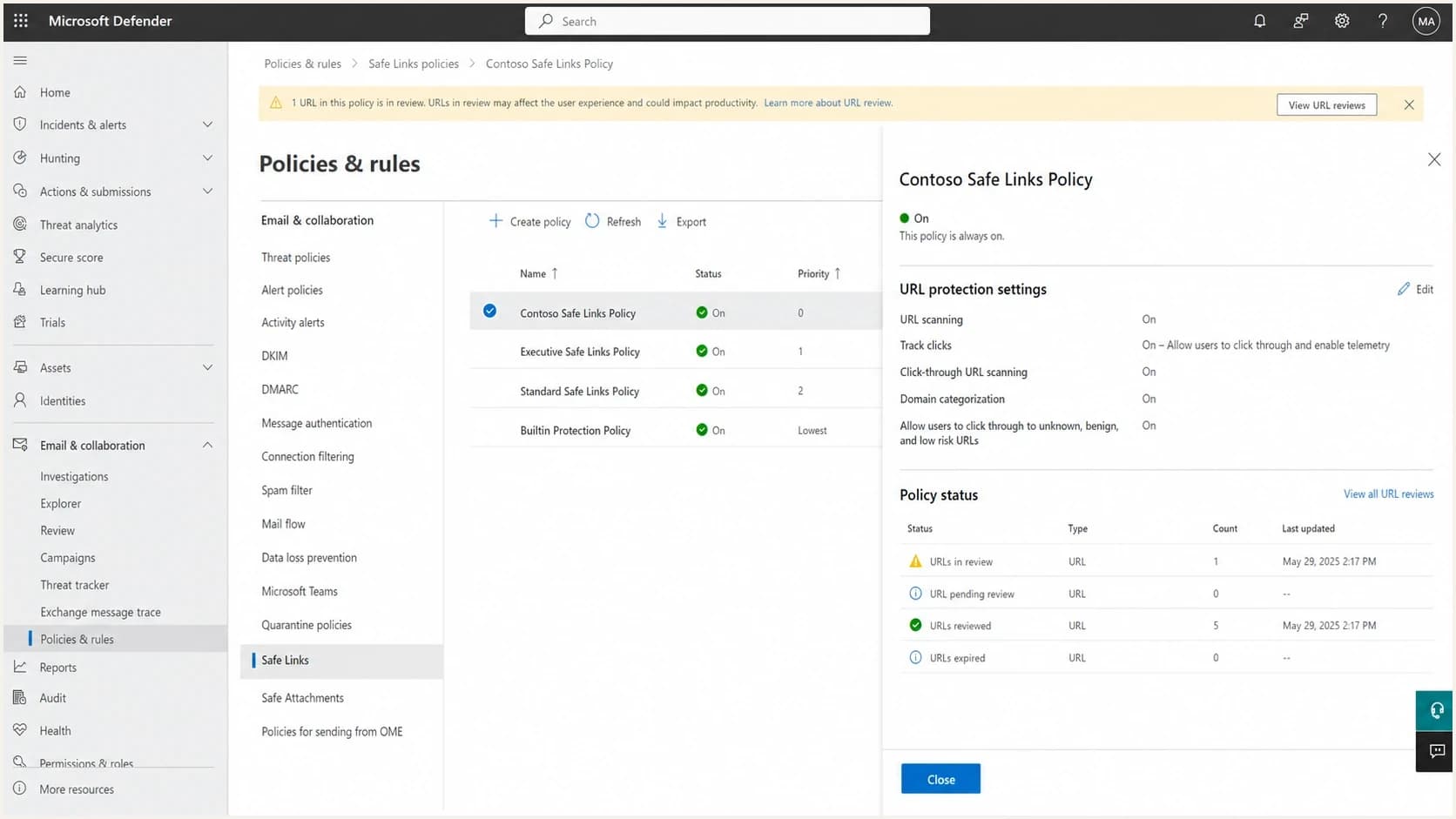 Microsoft Defender portal screen showing Safe Links policy and URL review context.