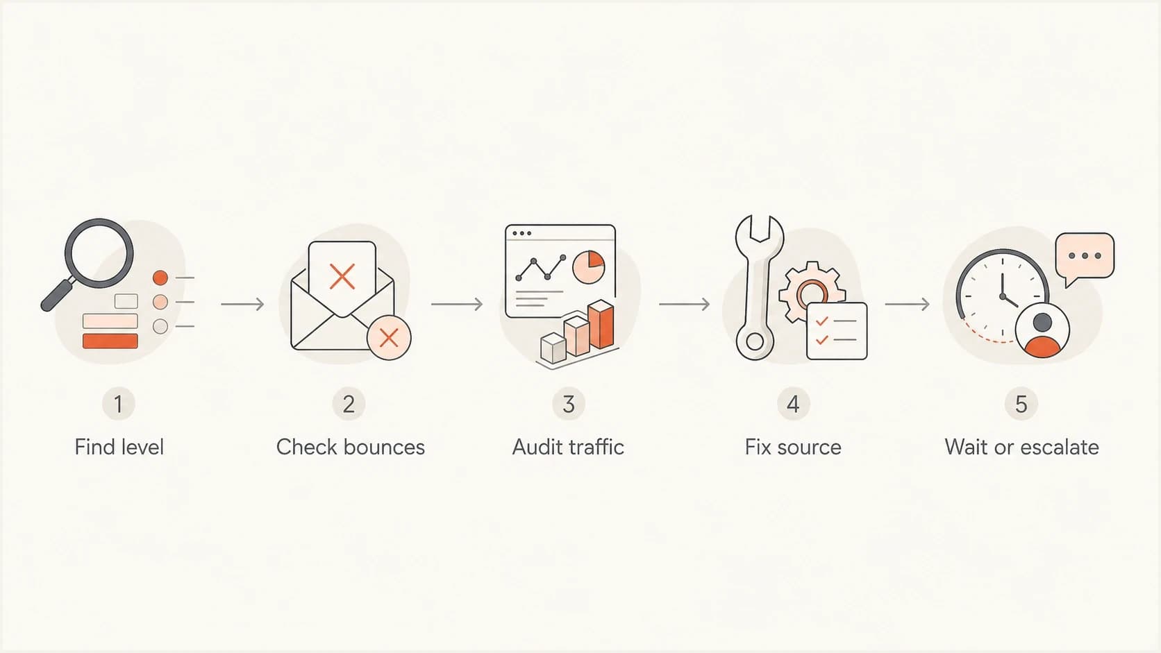 Flowchart for UCEPROTECT response: lookup, bounces, traffic audit, source fix, and escalation.