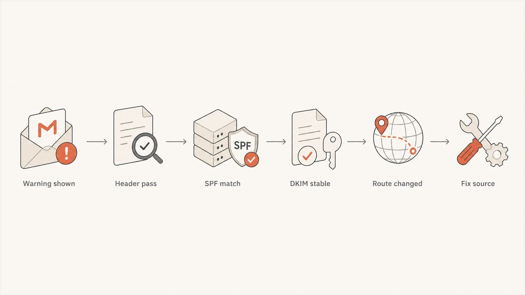 Decision path for investigating Gmail warnings after DMARC passes.